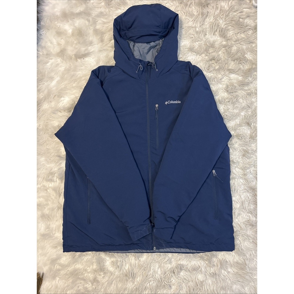 Columbia Jacket Navy Blue Hooded Softshell Fleece Lined Outdoor Ski Logo Sz 3XT